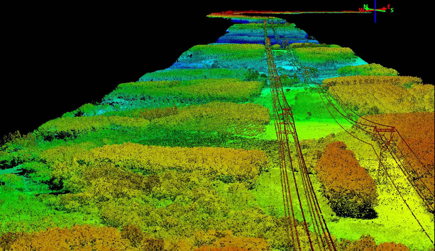 Drone LiDAR Mapping, point cloud for transmission line path